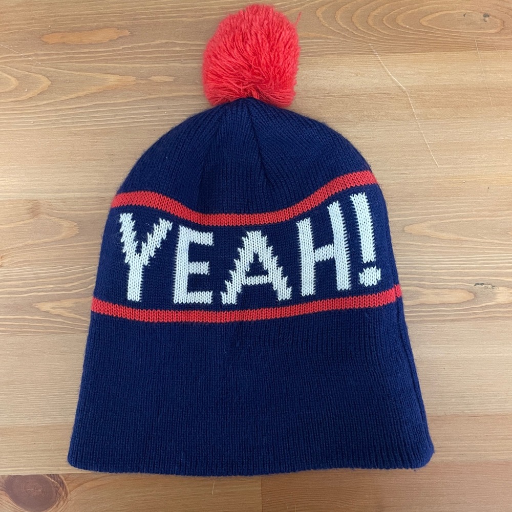 Glamour Kills HELL YEAH! Navy Blue Knit Beanie Hat w/ Red Trim Pom Pom Winter OS